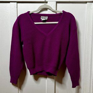 Vintage 1980s Knitwaves Cropped Oversized Violet Pink/Purple Knit V-Neck Sweater